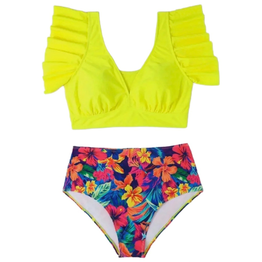 Boho Tankini 2pc Swimsuit Set Ruffle V-Neck Crop Top & Tropical Floral Bottom